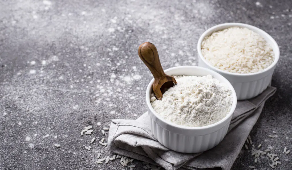 gluten free rice flour and rice in a bowl  on a gray stone texture background