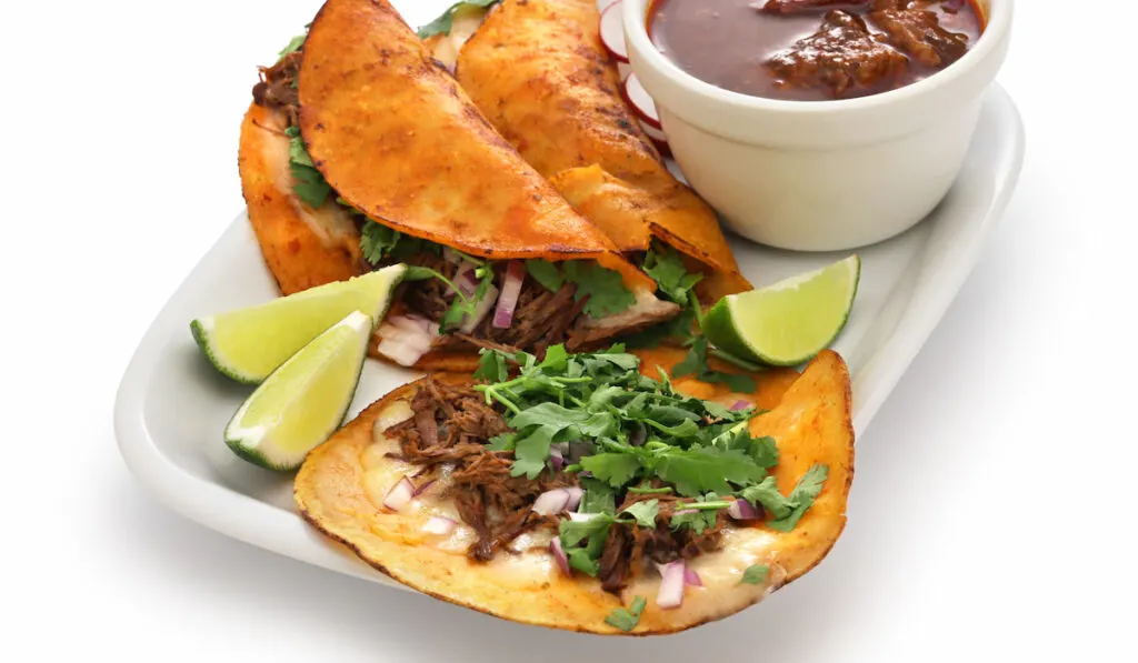 homemade birria tacos on white background 