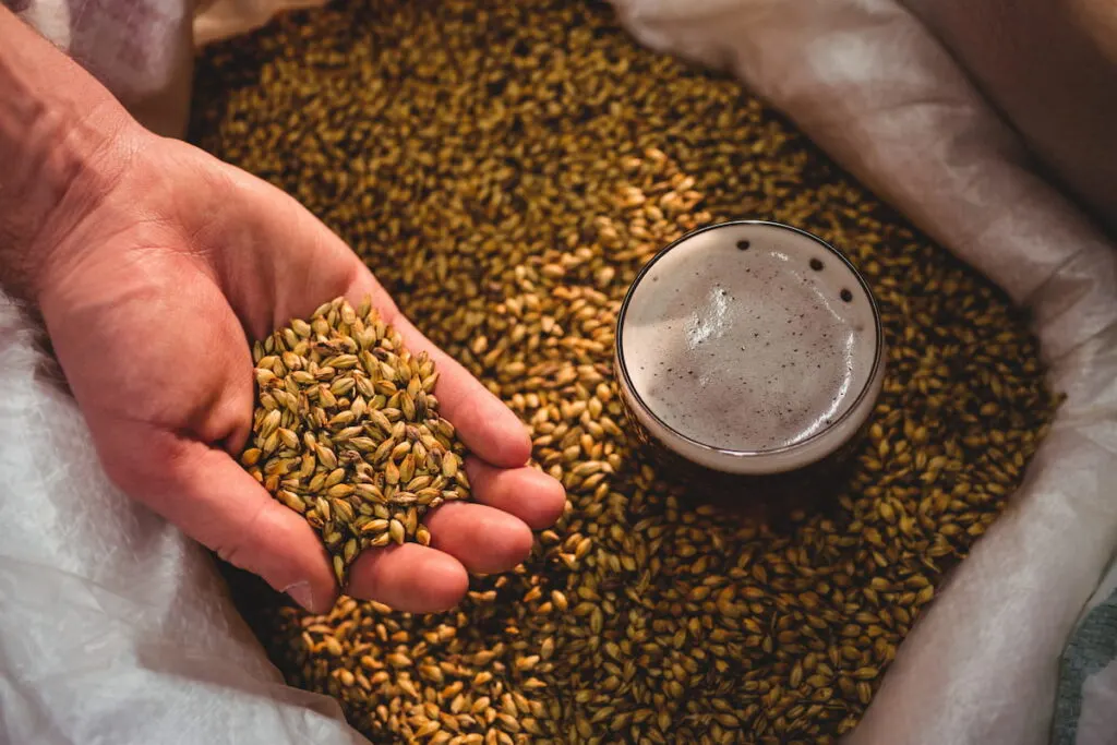 man showing barley in sack 