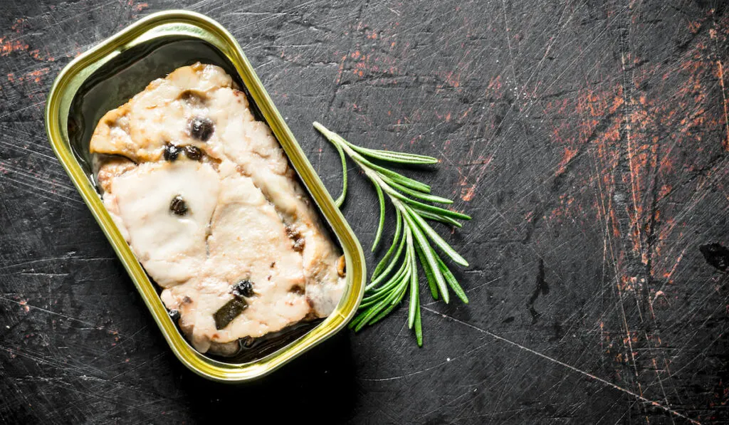 open canned salmon on black background