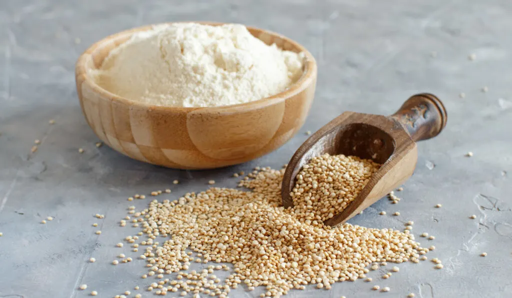 quinoa flour in a wooden bowl and quinoa seeds in wooden spoon 