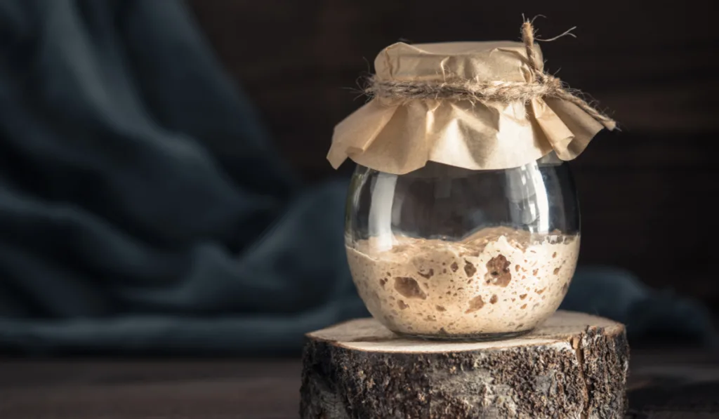 Active rye sourdough starter in glass jar on brown wooden background.