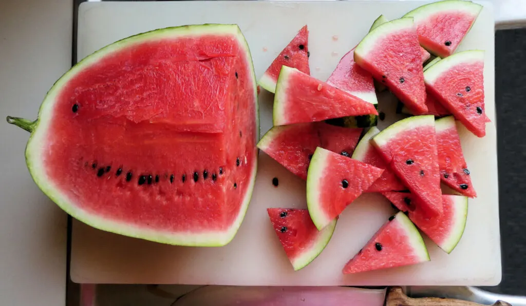 watermelon fruit with cut pieces on white board