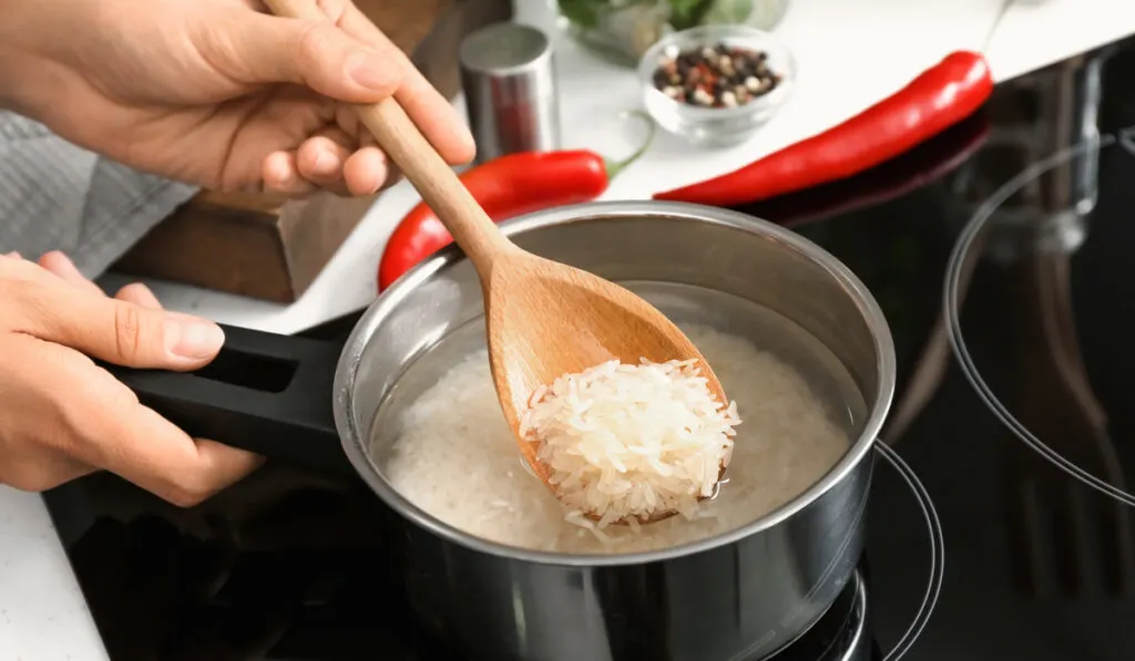 woman cooking rice in saucepan on stove