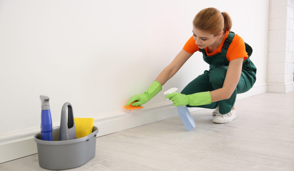 woman with cleaning materials cleaning baseboard 