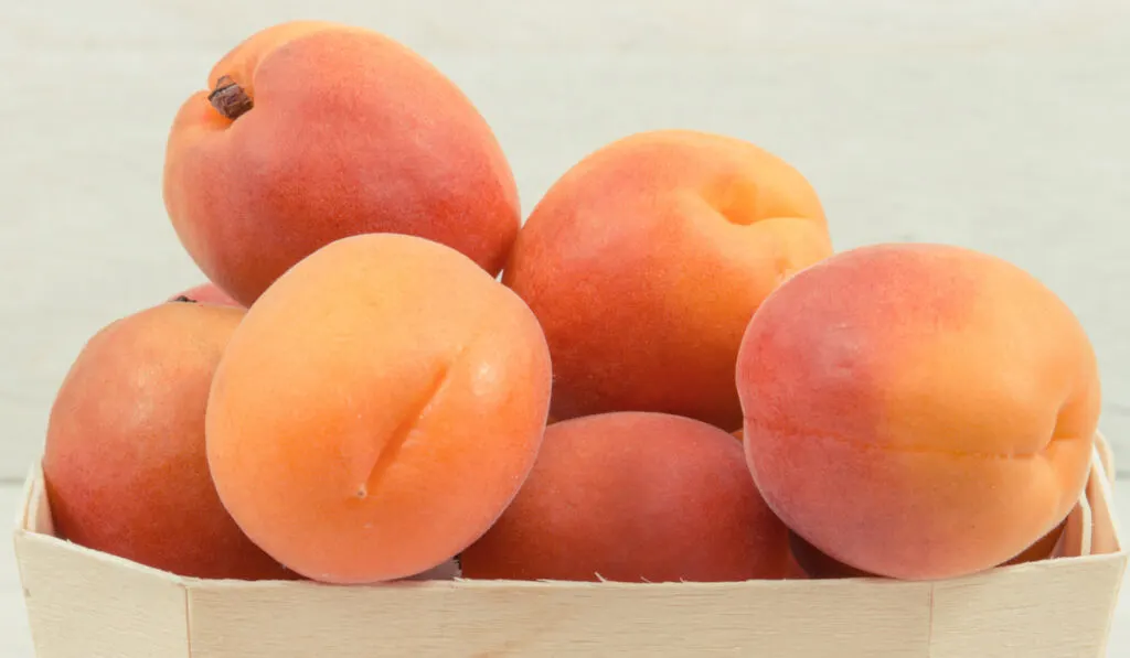 Fresh peaches in wooden crate