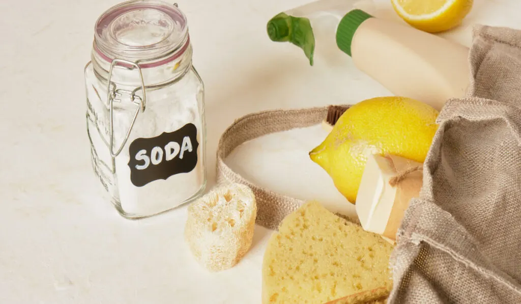 close-up of labeled can of soda, lemon and other eco friendly cleaning supplies