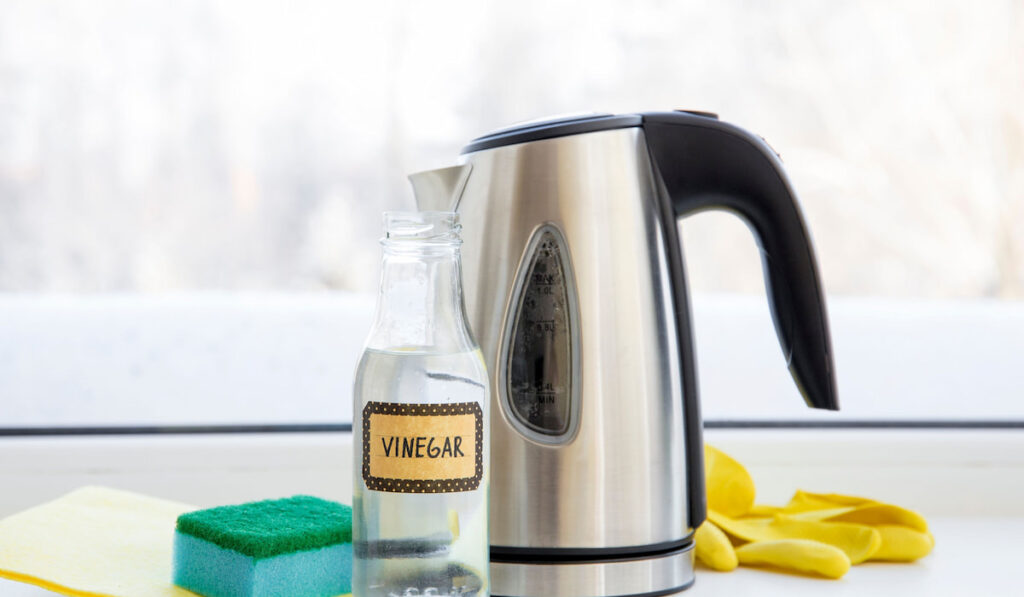 home cleaner product concept Using natural distilled acid white vinegar and water from the kettle