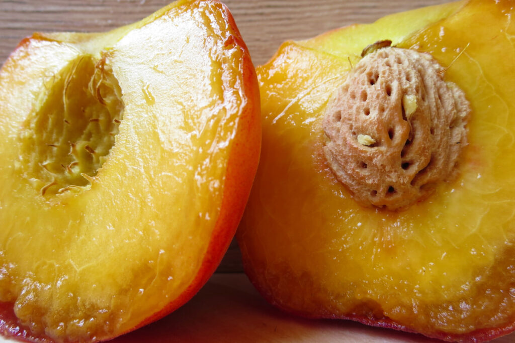 overripe peach sliced in half