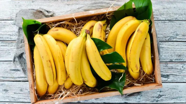 bunch of bananas in a wooden crate