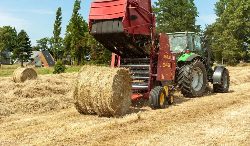 Baling and pressing hay bales with a round baler