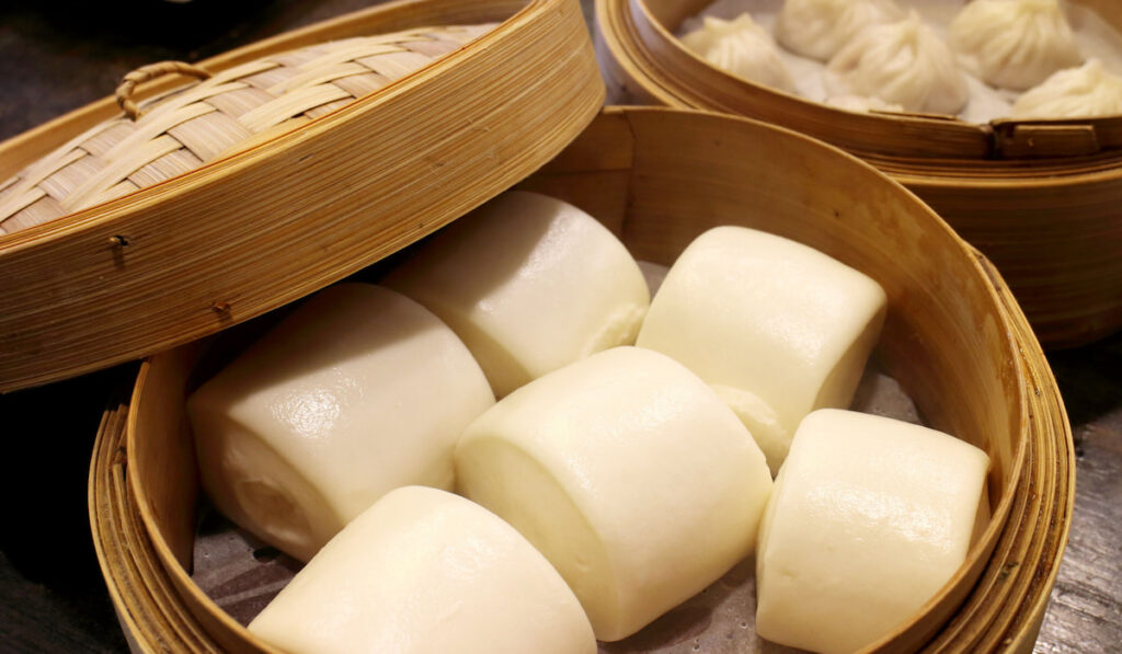 Chinese Steamed Buns, called as Mantou in a Bamboo steamer 