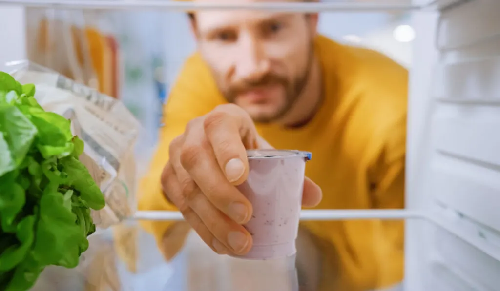 Camera inside fridge, man taking out yogurt 