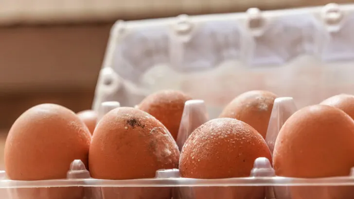 Closeup-of-black-and-white-mildew-growing-on-spoiled-egg-shells-in-plastic-egg-box
