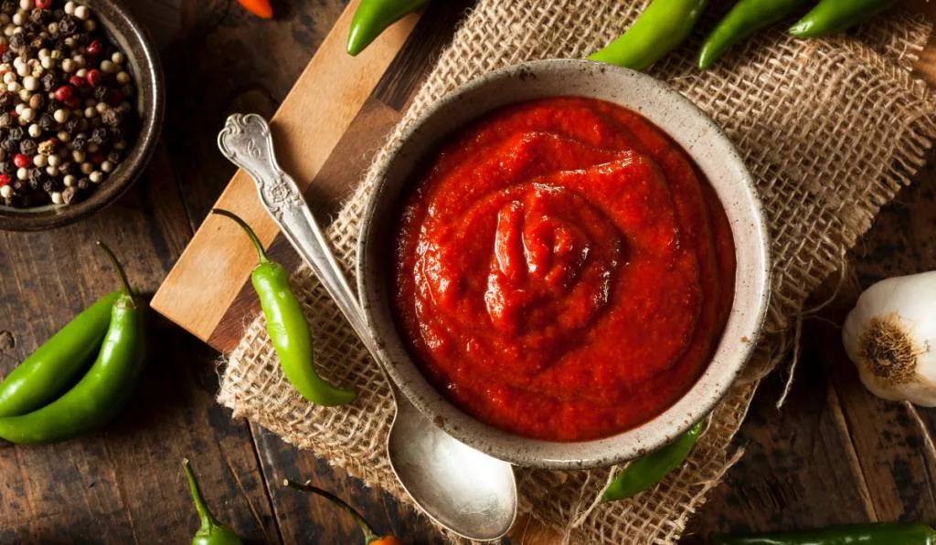 Hot Spicy Red Sriracha Sauce in a sauce bowl with some other spices on the table
