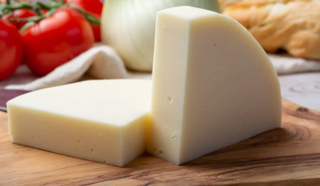 Provolone dolce cheese on wooden board with olive bread and tomatoes on the background