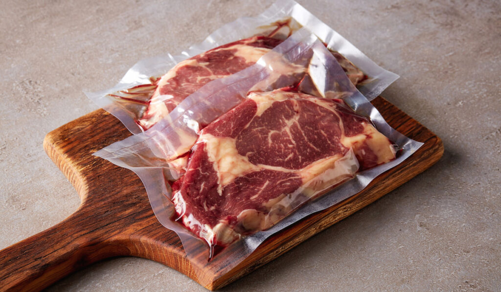 beef steak vacuum sealed ready for storing on wooden chopping board