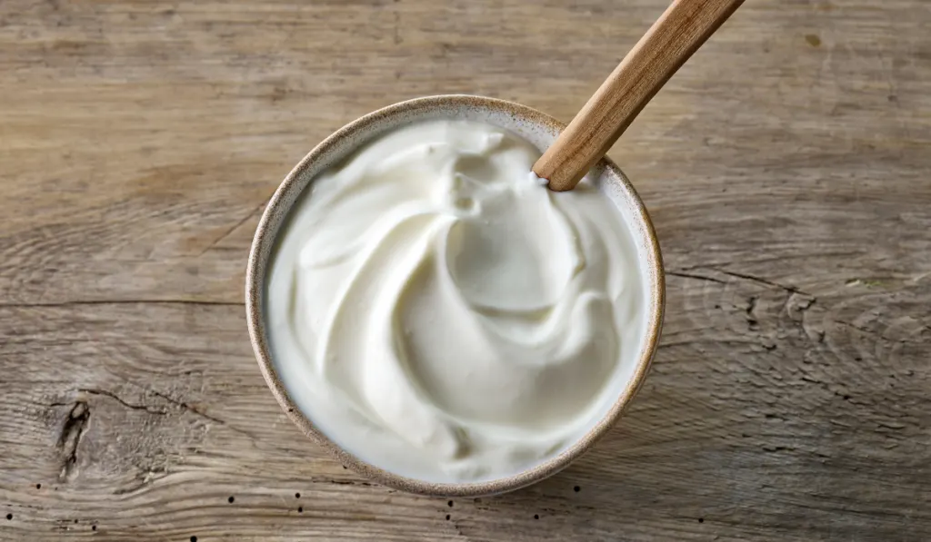 bowl of sour cream or yogurt on rustic wooden table