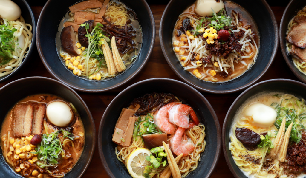 ramen bowls with different toppings