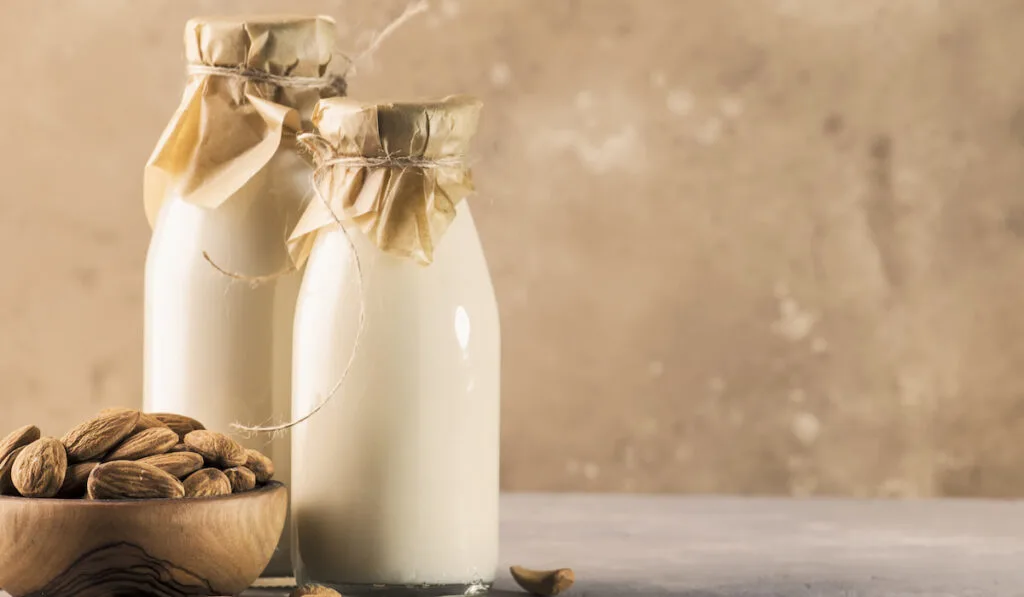 Almond milk in bottles and almonds in wooden bowl 