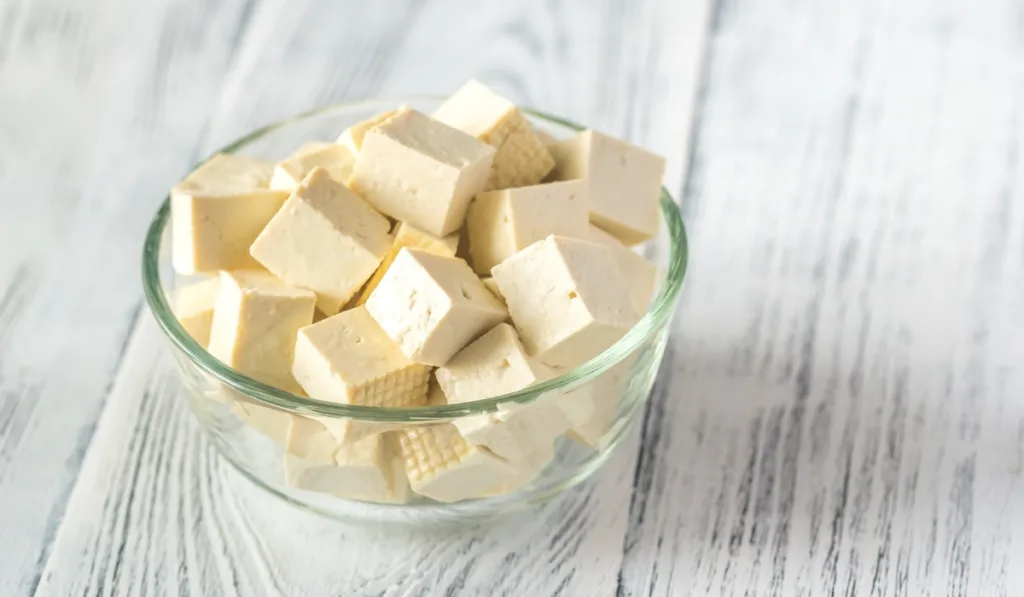 Cut tofu in the glass bowl
