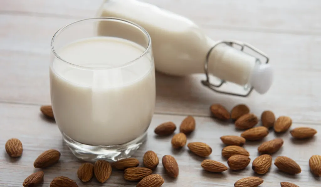 Glass-with-almond-milk-and-almonds-on-the-table