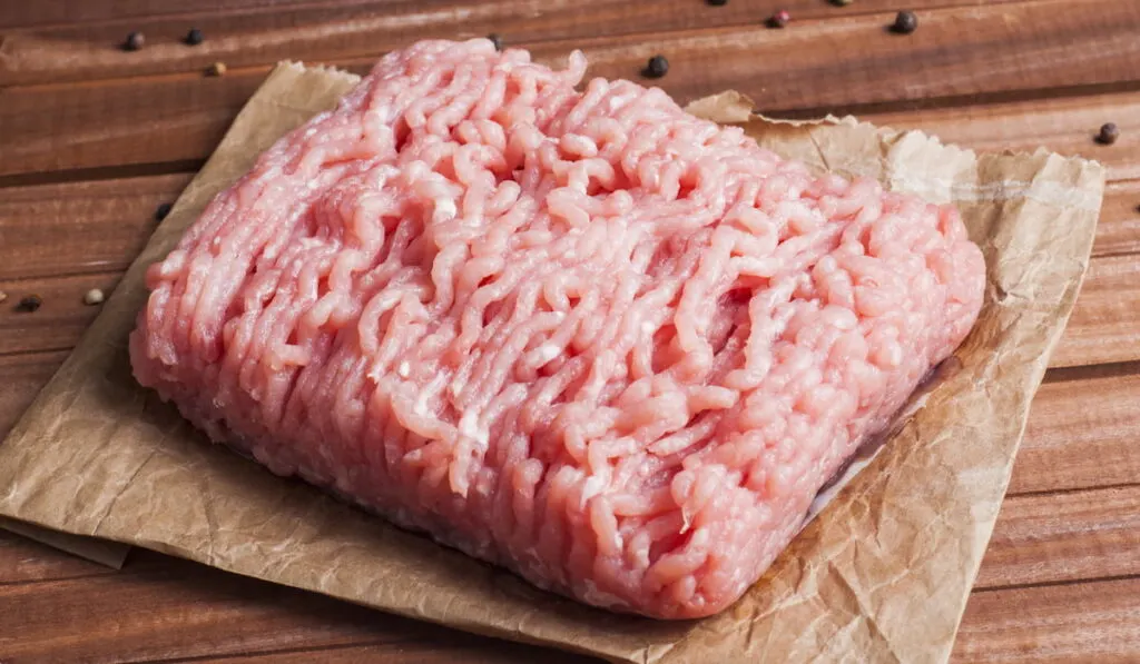 Raw ground turkey meat laid on brown paper 