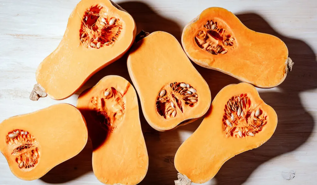Slices of raw organic butternut squash on wooden background