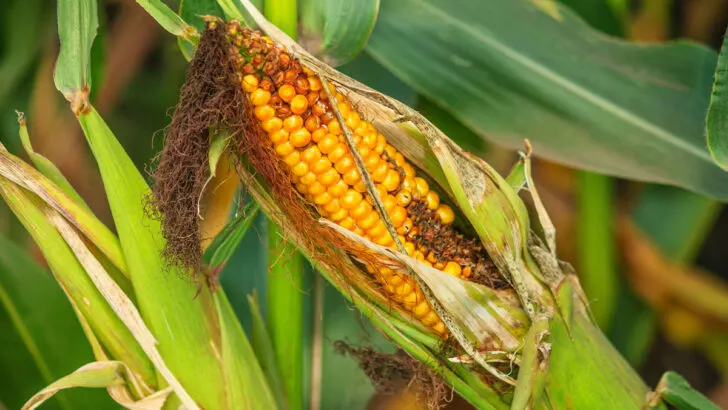 Spoiled-corn-cob-on-the-field-in-sunny-hot-summer-day