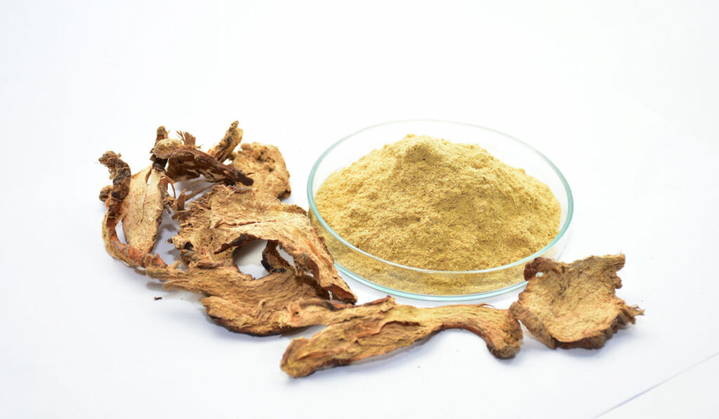 organic ginger powder in a dish with dried ginger on white background