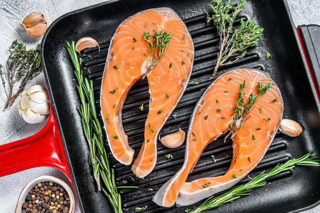 raw Salmon fillet steak in a pan