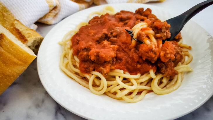 simple spaghetti with meat sauce on a white plate