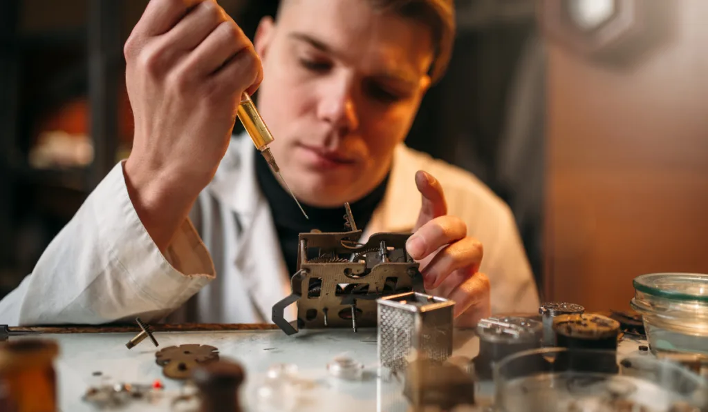 Watchmaker oil lubricates the mechanism of clock