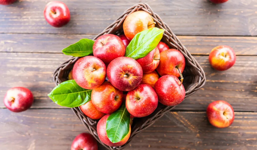 A lot of red apple fruit in brown basket on table