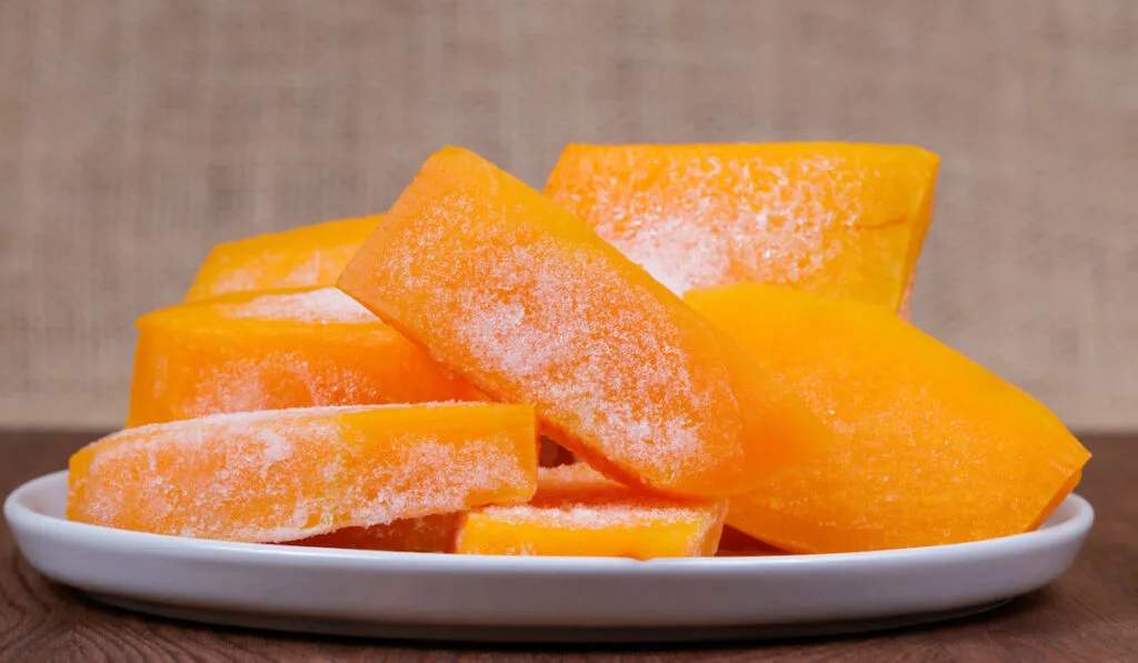 Frozen slices of butternut squash on a white plate