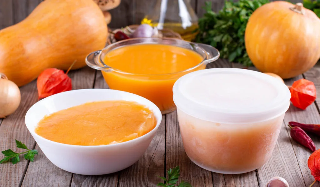 Frozen squash in clear freezer container and butternut squash and pumpkin on the table 