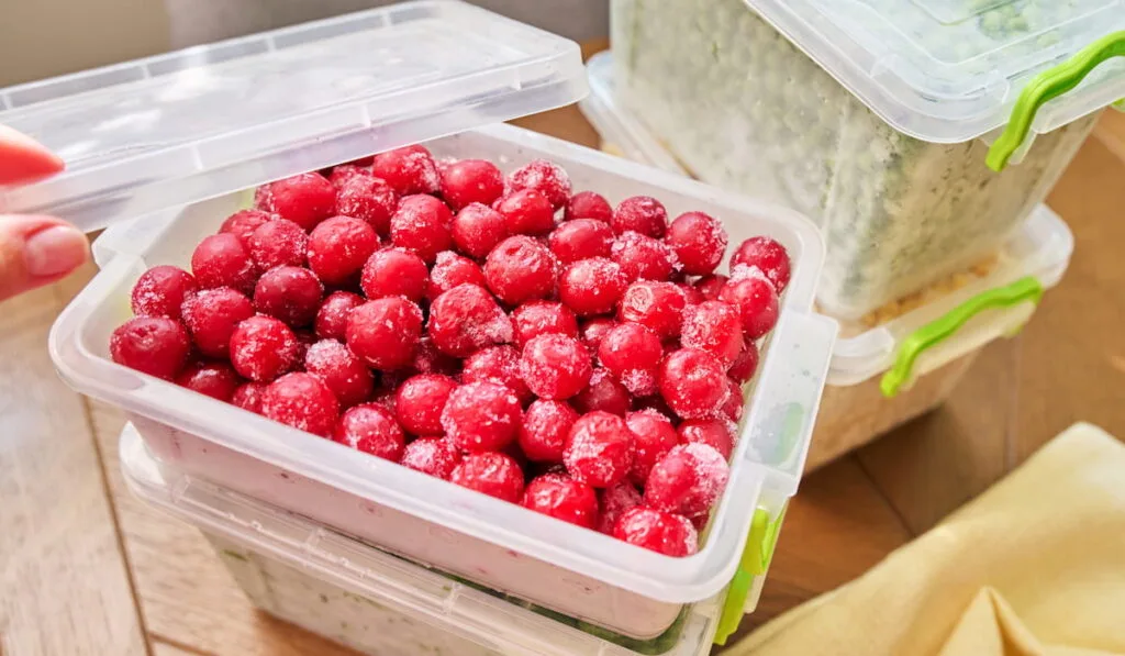 Frozen vegetables and fruits in a plastic container