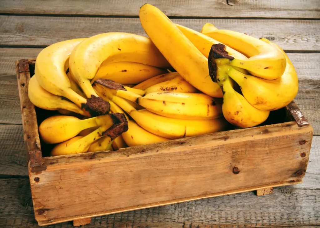 Ripe yellow bananas in a wooden crate box on top of a wooden platform