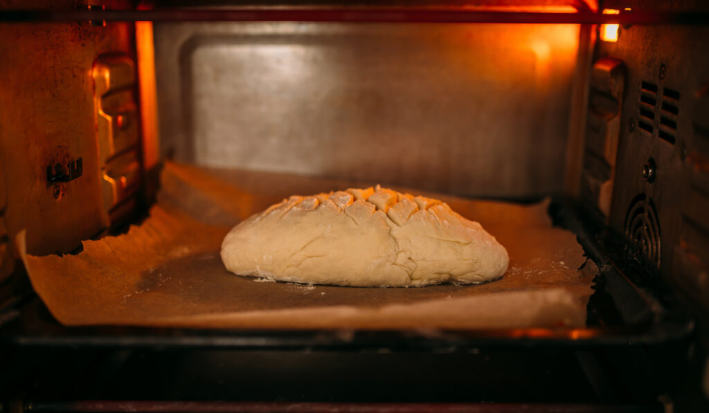 Bread in the mini oven ready for baking