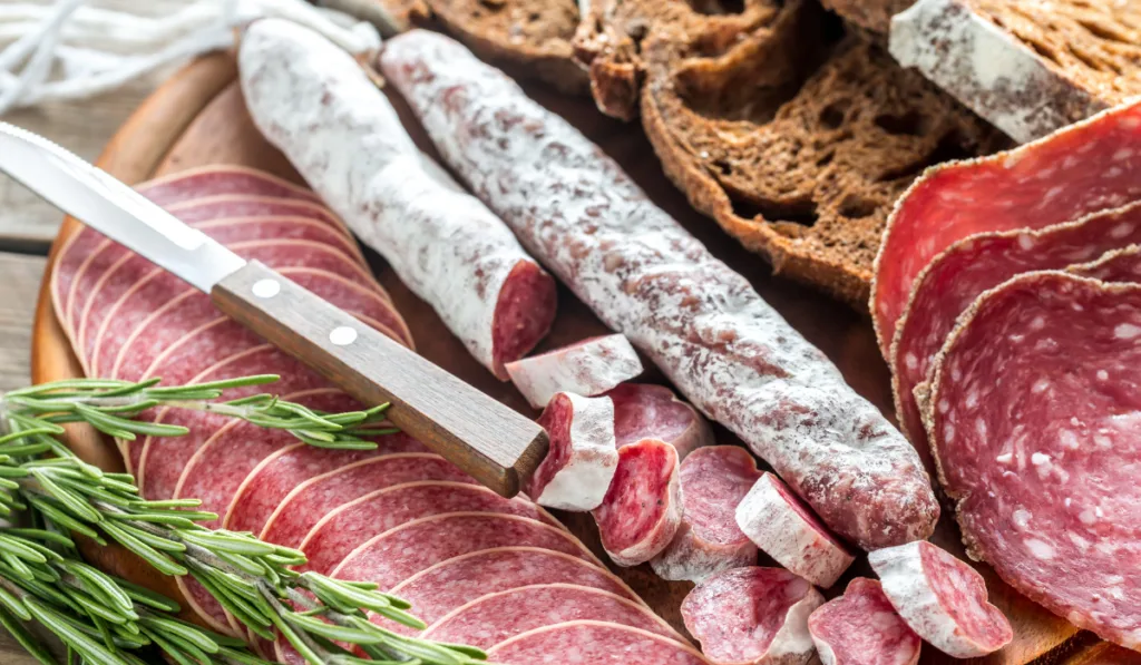 Different kinds of salami with dark-rye bread
