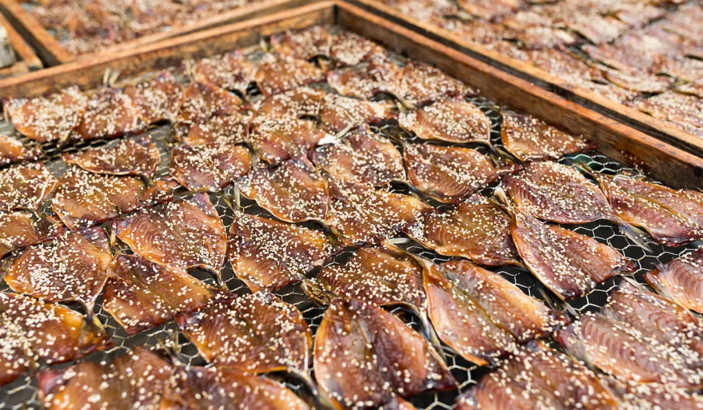 Dried fish with sesame drying in sunlight