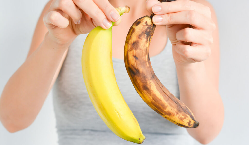 woman holding a fresh and an overripe banana
