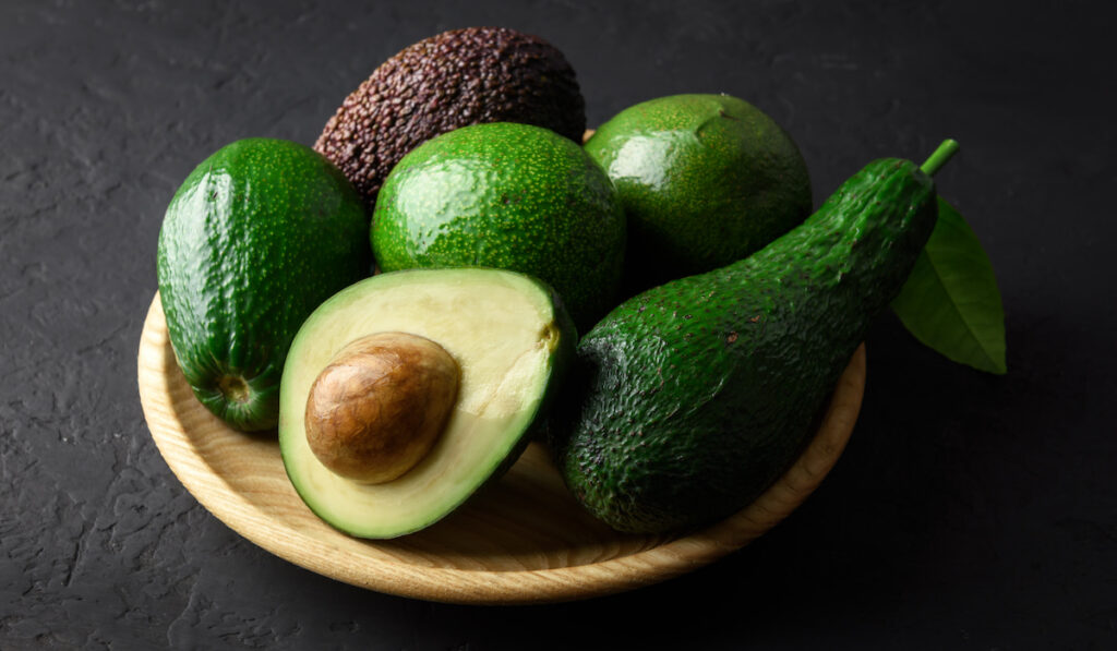 Fresh avocado fruit on a wooden plate on black background