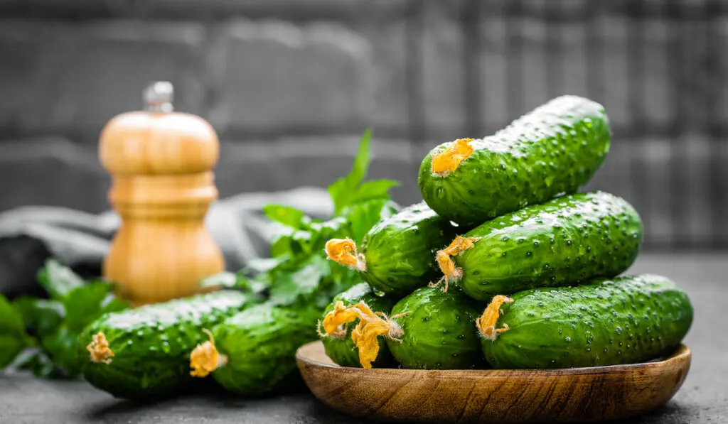 Fresh cucumbers on wooden plate on black background