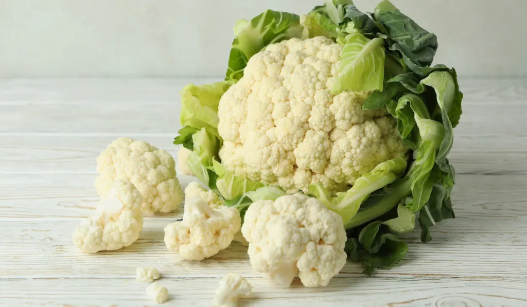 Fresh juicy cauliflower with slices on wooden table
