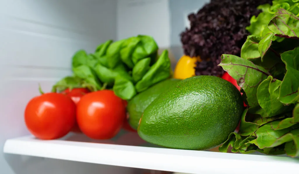 Fridge shelf full of fresh vegetables and fruits