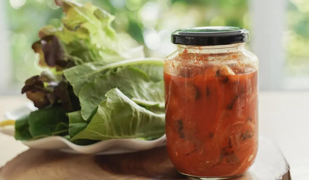 Homemade fermented kimchi glass jar and vegetable on wooden table