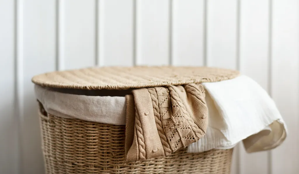 Knitted clothes in a rattan basket

