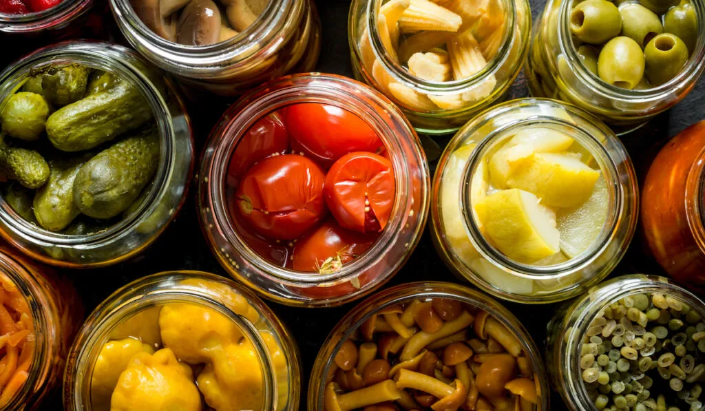 Preserved vegetables in glass jars