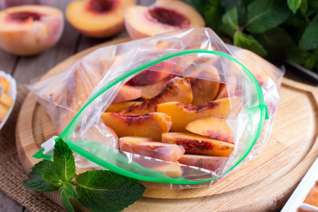 Sliced peaches in a sealed bag